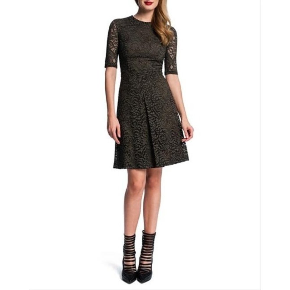 Cynthia Steffe Green Lace Single Pleat Short Sleeve Mid Length Cocktail Dress